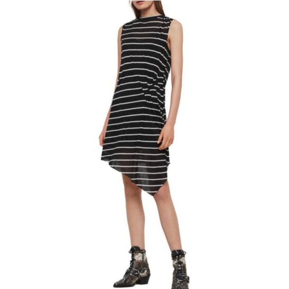 All Saints Duma Black and White Asymmetrical Striped Dress L